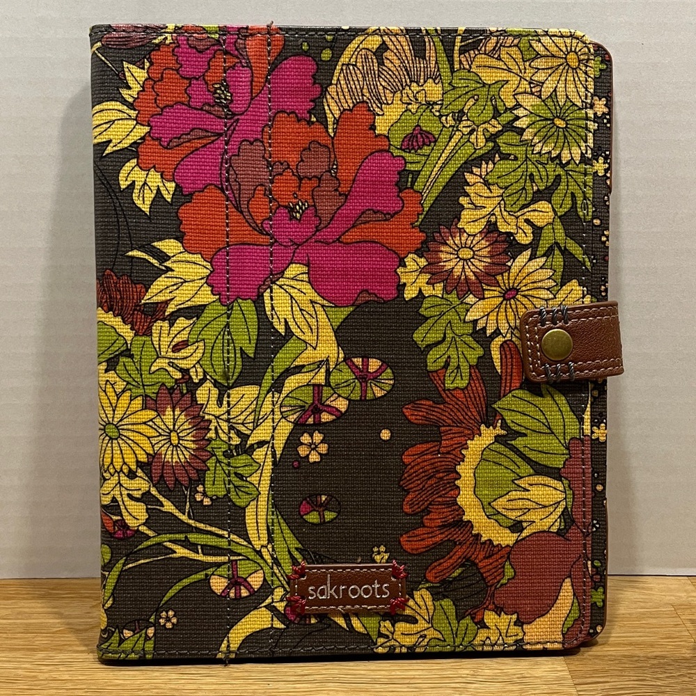 Sakroots Dark Gray & 1970’s Floral Inspired iPad Folio w/ Brown Leather Trim